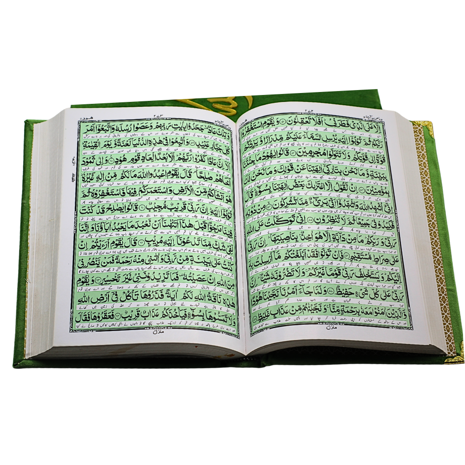 11MVB-LGreen Holy Quran Translated Perfume Velvet Green Box